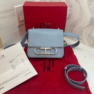 Carolina Herrera Blue Leather/Pearl Insignia Crossbody Bag with Silver Hardware